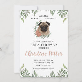 Invitación Cute Pug Dog Puppy Greenery Boy Baby Shower Invita