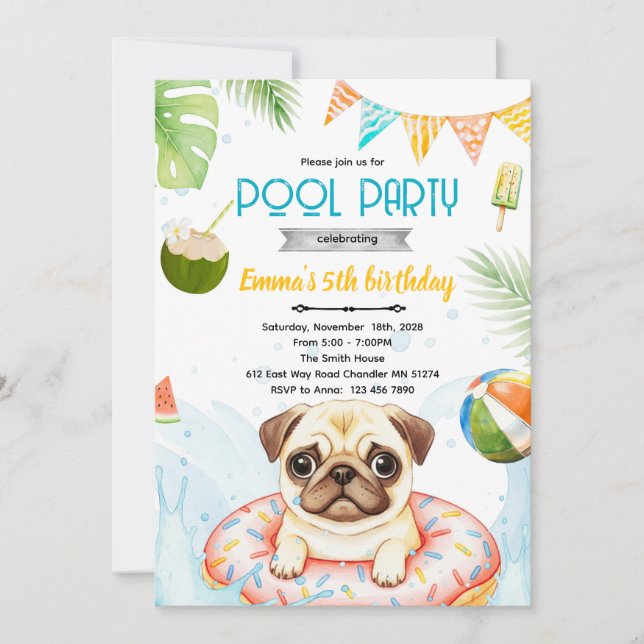 Invitación Cute pug pool party theme invite (Anverso)