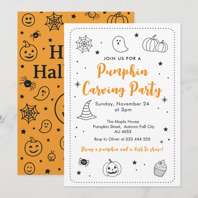 Invitación Cute Pumpkin Carving Party Halloween Doodles (Anverso / Reverso)