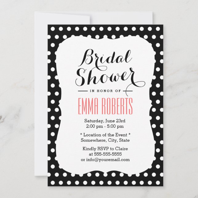 Invitación Cute puntos de polka blanco y negro ducha de novia (Anverso)
