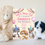 Invitación Cute puppies puppy party let's paw-ty<br><div class="desc">Cute puppies puppy party let's paw-ty invitation template,  very cute nice for dog loving people. Pink colors for a girls birthday.</div>