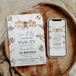 Invitación Cute Puppy Dog Boy 1st Birthday | Pawty Time First