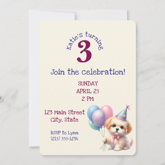 Invitación Cute Puppy sosteniendo globos Invita fiesta de cum (Anverso)
