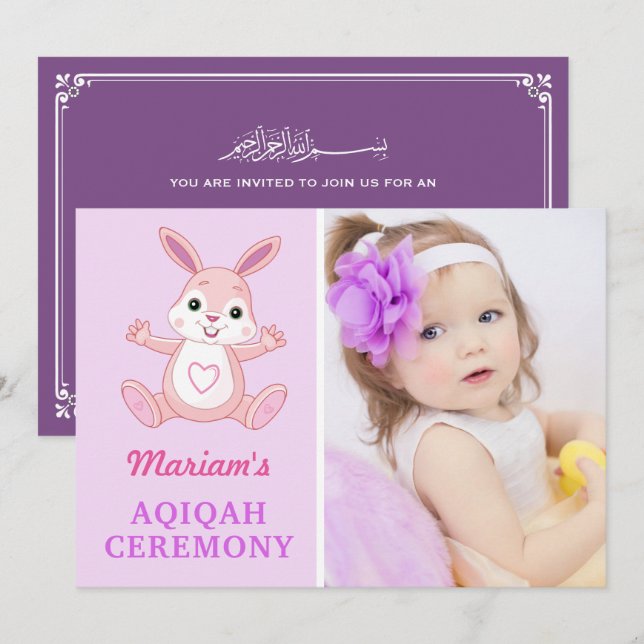Invitación Cute Purple Bunny Baby Girl Foto Aqiqah (Anverso / Reverso)