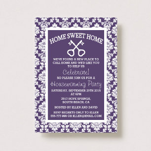 Invitación Cute Purple Damask Hogar Dulce Hogar Calentador