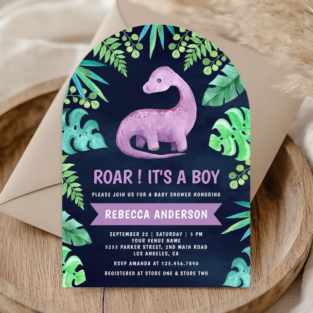 Invitación Cute Purple Dinosaur Arch Naval Azul Baby Shower (Subido por el creador)