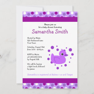 Invitación Cute Purple Ducky en Blue Dots Baby Shower invita
