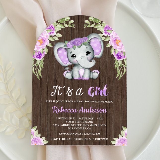 Invitación Cute Purple Floral Elephant Arch Wood Baby Shower (Subido por el creador)
