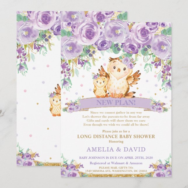Invitación Cute Purple Floral Owl Baby Shower por correo (Anverso / Reverso)