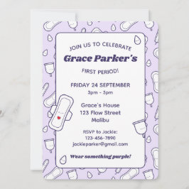 Invitación Cute Purple Girly Menstrual Pad Primer Periodo Fie