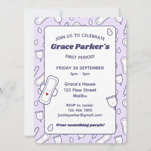 Invitación Cute Purple Girly Menstrual Pad Primer Periodo Fie