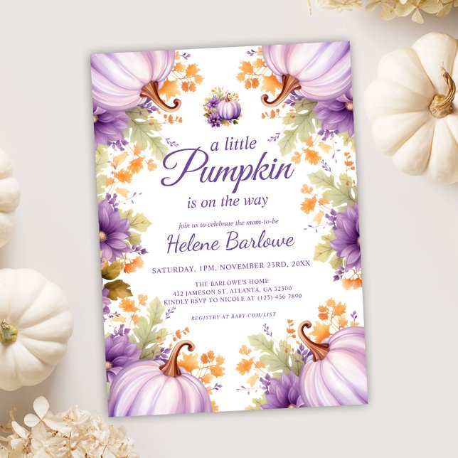 Invitación Cute Purple Little Pumpkin Baby Shower (Cute Purple Little Pumpkin Baby Shower Invitation)