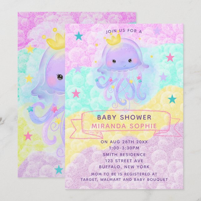 Invitación Cute Purple Princess Jellyfish Chica Baby Shower (Anverso / Reverso)
