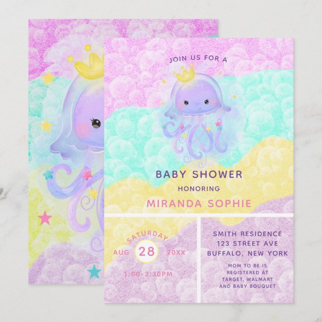 Invitación Cute Purple Princess Jellyfish Chica Baby Shower (Anverso / Reverso)