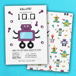Invitación Cute Purple Robot Tema Niños Robots Fiesta de cump