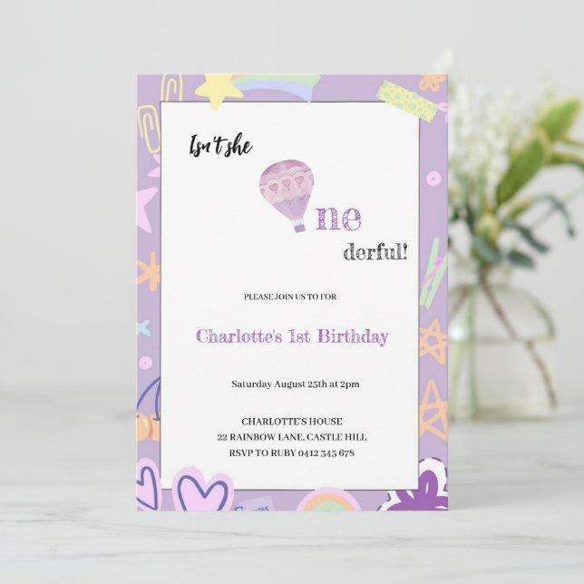 INVITACIÓN CUTE PURPLE SKY GIRLY BIRTHDAY (Anverso de pie)