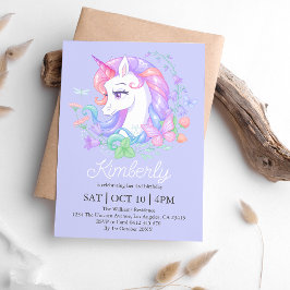 Invitación Cute Purple Unicorn Todos los Años Niños Cumpleaño