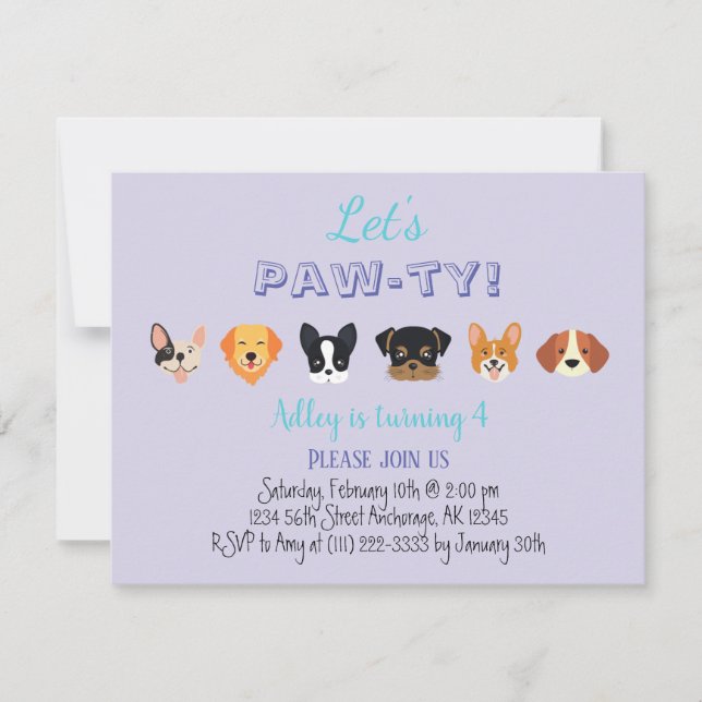 Invitación Cute Purple, vamos a la fiesta de cumpleaños del C (Anverso)