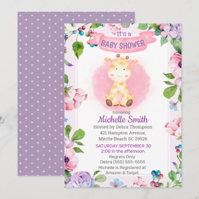 Invitación Cute Púrpura Rosa Giraffe Floral Baby Shower (Anverso / Reverso)