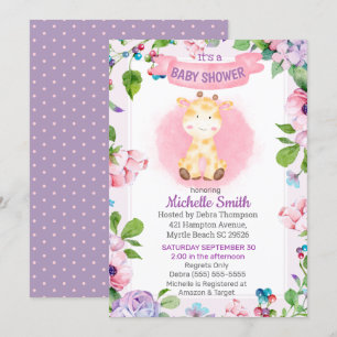 Invitación Cute Púrpura Rosa Giraffe Floral Baby Shower