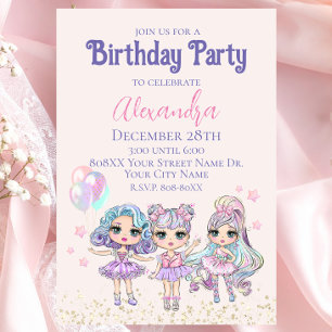 Invitación Cute Purpurina Dolls Chica fiesta de cumpleaños