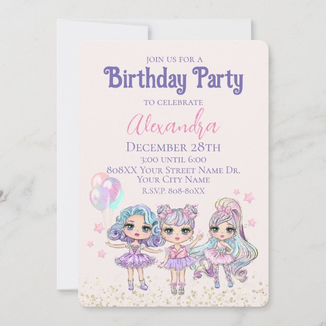 Invitación Cute Purpurina Dolls Chica fiesta de cumpleaños (Anverso)