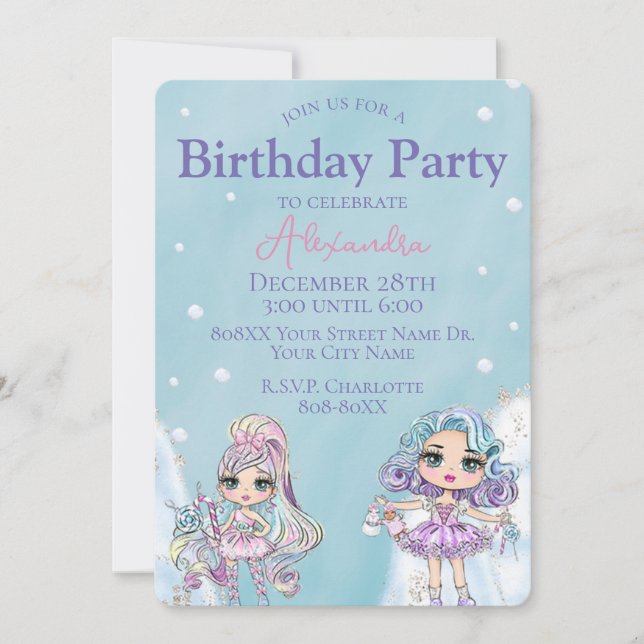 Invitación Cute Purpurina Dolls Chica Invierno Cumpleaños (Anverso)