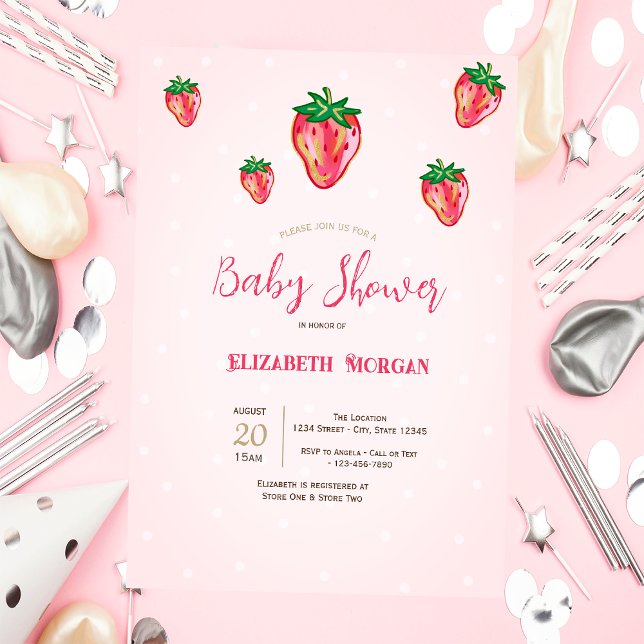 Invitación Cute Purpurina Strawberries Dots Baby Shower (Subido por el creador)