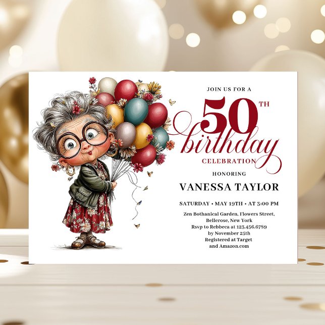 Invitación Cute quirky lady turning 50 humorous birthday card (Cute quirky lady turning 50 humorous birthday card)