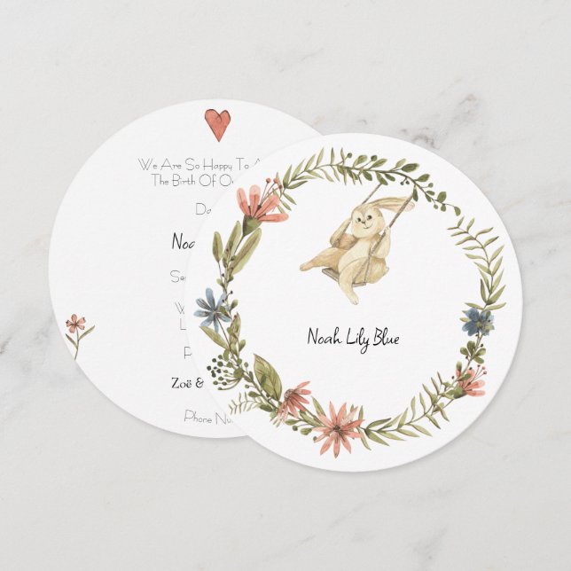 Invitación Cute Rabbit Animal Baby Girl Announcement Card (Anverso / Reverso)