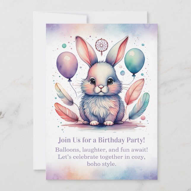 Invitación Cute Rabbit Birthday Invitation Woodland Boho  (Anverso)