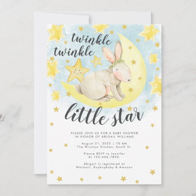 Invitación Cute Rabbit Gold Twinkle Little Star Baby Shower (Anverso)