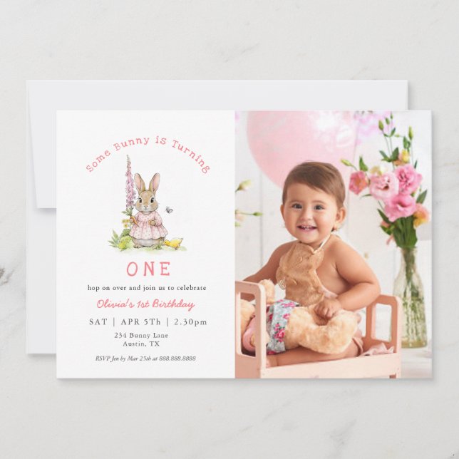 Invitación Cute Rabbit Pink Baby Girl 1st birthday Photo (Anverso)