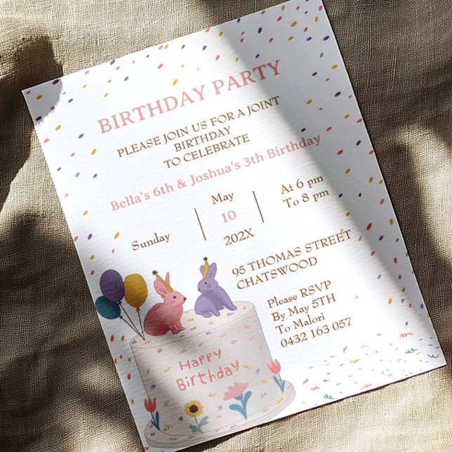 Invitación Cute Rabbits on Cake Joint Birthday Sister Brother (Subido por el creador)