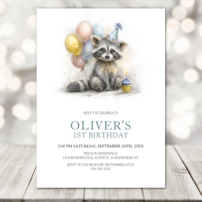 Invitación Cute Raccoon 1st Birthday Party Invitation (Subido por el creador)