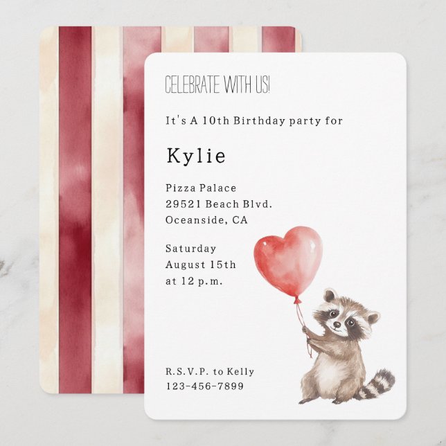Invitación Cute Raccoon Animal Heart Balloon Birthday (Anverso / Reverso)