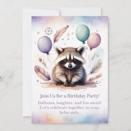 Invitación Cute Raccoon Birthday Invitation Woodland Boho