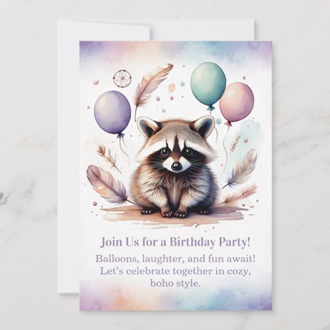 Invitación Cute Raccoon Birthday Invitation Woodland Boho  (Anverso)