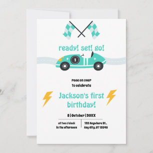 Invitación Cute Race Car Kids Blue Any Age Party