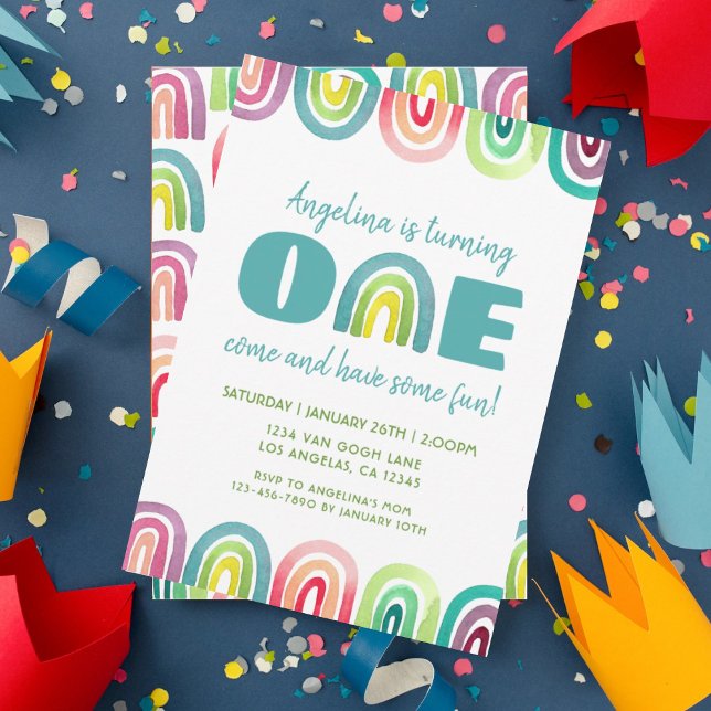 Invitación Cute Rainbow 1er cumpleaños Fiesta acuarela (Subido por el creador)