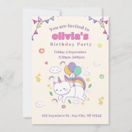 Invitación Cute Rainbow Cat Unicorn Birthday Invitation 