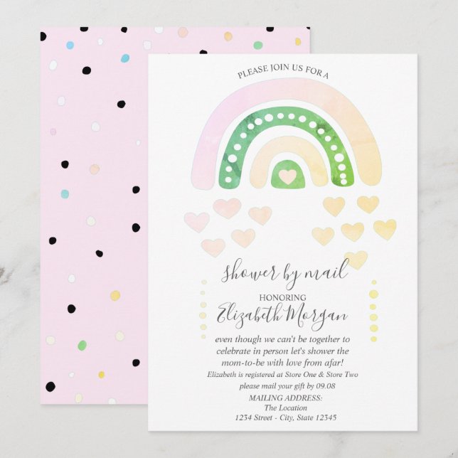 Invitación Cute Rainbow, Corazones, Lunares, Fiesta de Bienve (Anverso / Reverso)