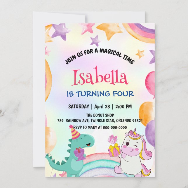 Invitación Cute Rainbow Dinosaur Unicorn Fiesta de cumpleaños (Anverso)