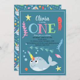 Invitación Cute Rainbow Narwhal Ocean y nombre primer cumplea