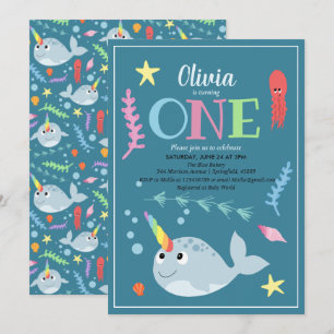Invitación Cute Rainbow Narwhal Ocean y nombre primer cumplea