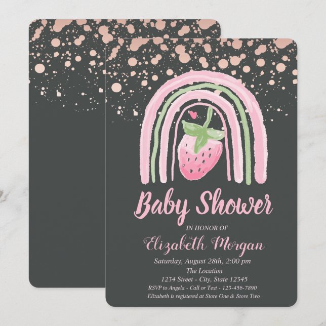 Invitación Cute Rainbow Strawberry, Puntos de Rosa Dorada Bab (Anverso / Reverso)