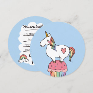 Invitación Cute Rainbow Unicorn en tarta de cumpleaños