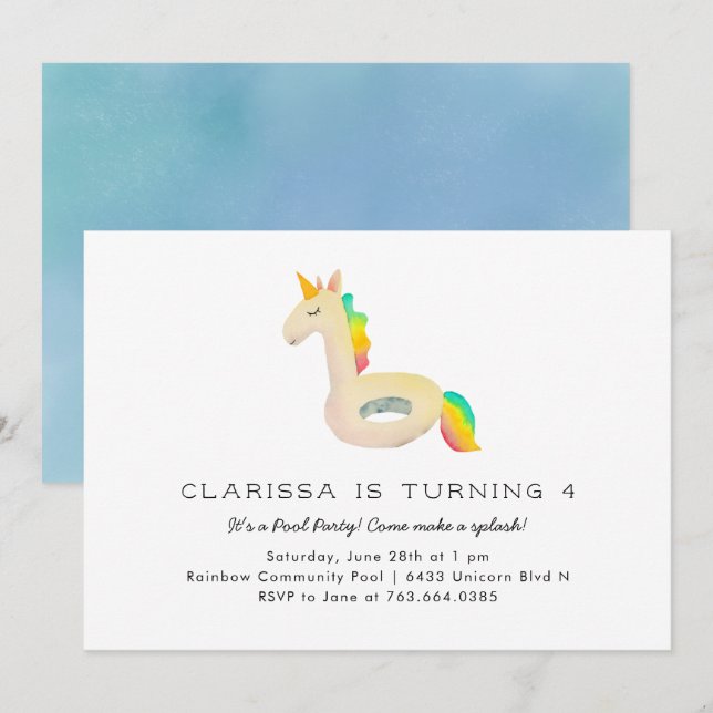 Invitación Cute Rainbow Unicornio fiesta de cumpleaños de pis (Anverso / Reverso)
