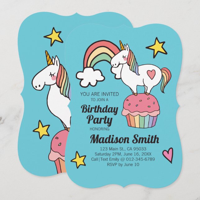 Invitación Cute Rainbow Unicornio Stars Heart Party (Anverso / Reverso)
