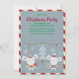 Invitación Cute Ratones Festivos y Árbol en Navidad Azul